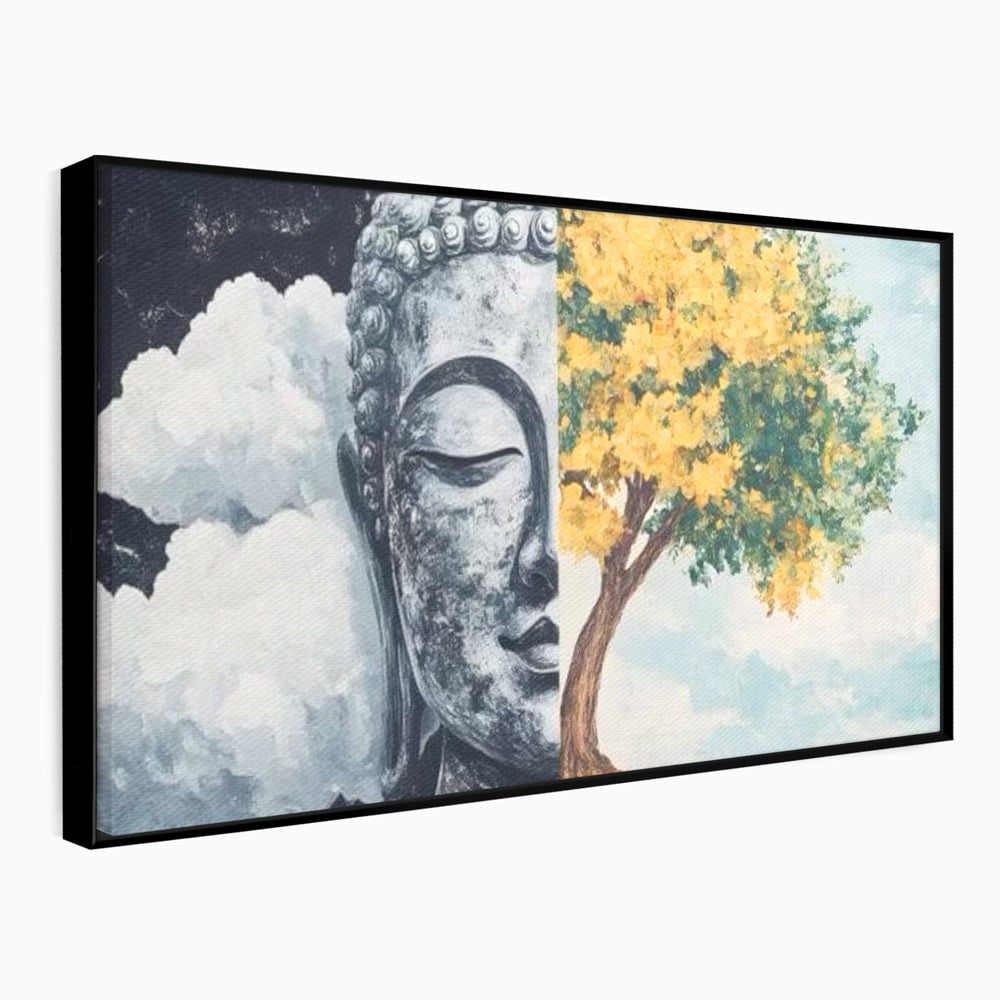 Tablou canvas cu tablou canvas cu buddha si copac, in rama de aluminiu negru